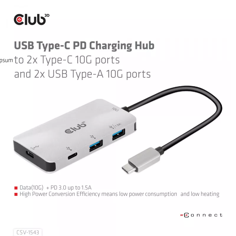 CLUB3D CSV-1543 USB Gen2 Type-C PD įkrovimo stotelė į 2x Type-C 10G ir 2x USB Type-A 10G prievadus