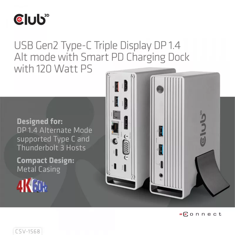 Docking stotelė CLUB3D CSV-1568 metalinis korpusas USB Gen2 Type-C USB Gen2 Type-A HDMI DP VGA RJ45 120W