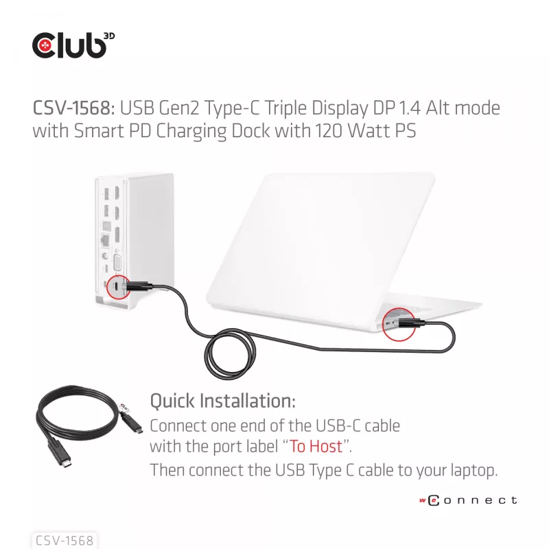 Docking stotelė CLUB3D CSV-1568 metalinis korpusas USB Gen2 Type-C USB Gen2 Type-A HDMI DP VGA RJ45 120W