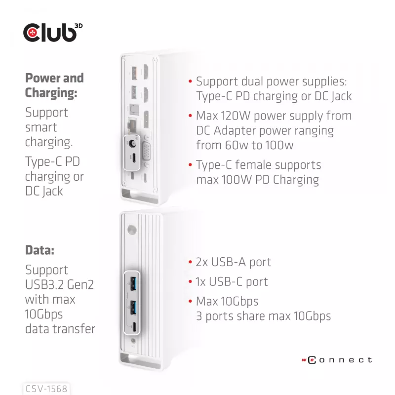 Docking stotelė CLUB3D CSV-1568 metalinis korpusas USB Gen2 Type-C USB Gen2 Type-A HDMI DP VGA RJ45 120W