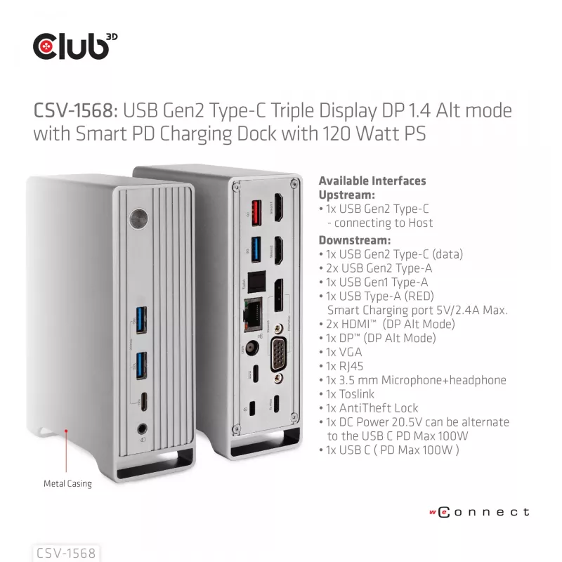 Docking stotelė CLUB3D CSV-1568 metalinis korpusas USB Gen2 Type-C USB Gen2 Type-A HDMI DP VGA RJ45 120W