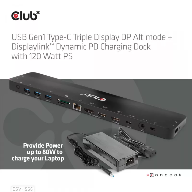 CLUB3D CSV-1566 USB Gen1 Type-C Triple Display Dock su 120 W maitinimo adapteriu