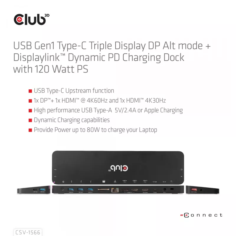 CLUB3D CSV-1566 USB Gen1 Type-C Triple Display Dock su 120 W maitinimo adapteriu