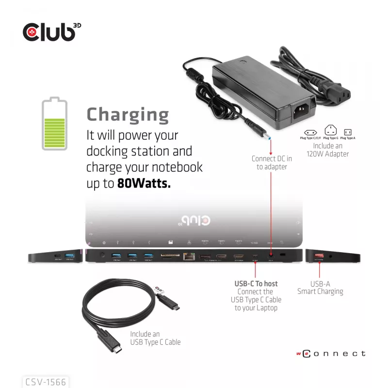 CLUB3D CSV-1566 USB Gen1 Type-C Triple Display Dock su 120 W maitinimo adapteriu