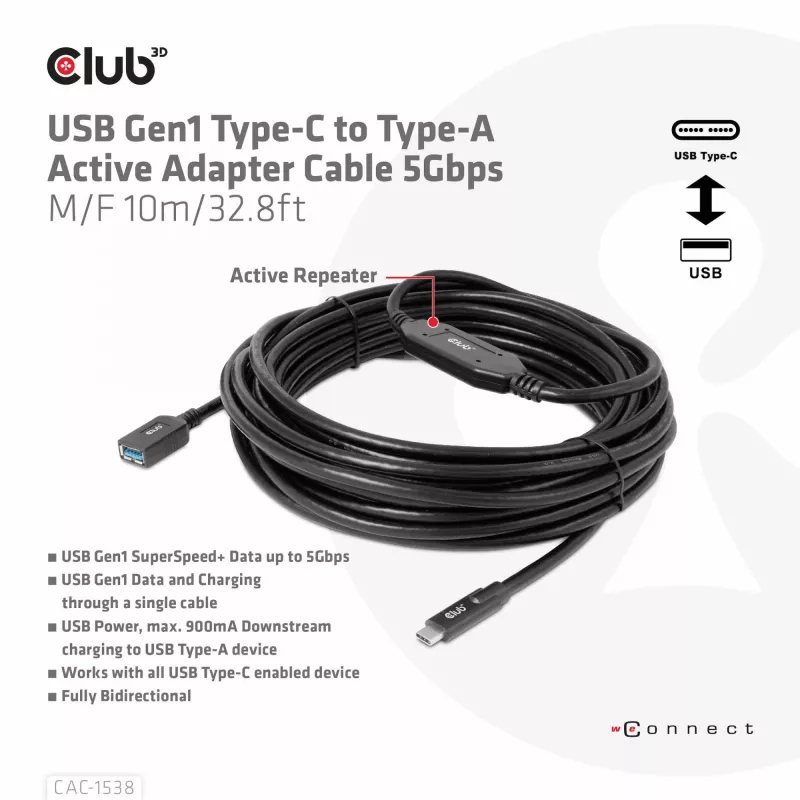 Club 3D CAC-1538 USB-C į USB-A aktyvus kabelis, USB 3.2 Gen1 5 Gbps, kištukas/lizdas, 10 m, juodos spalvos