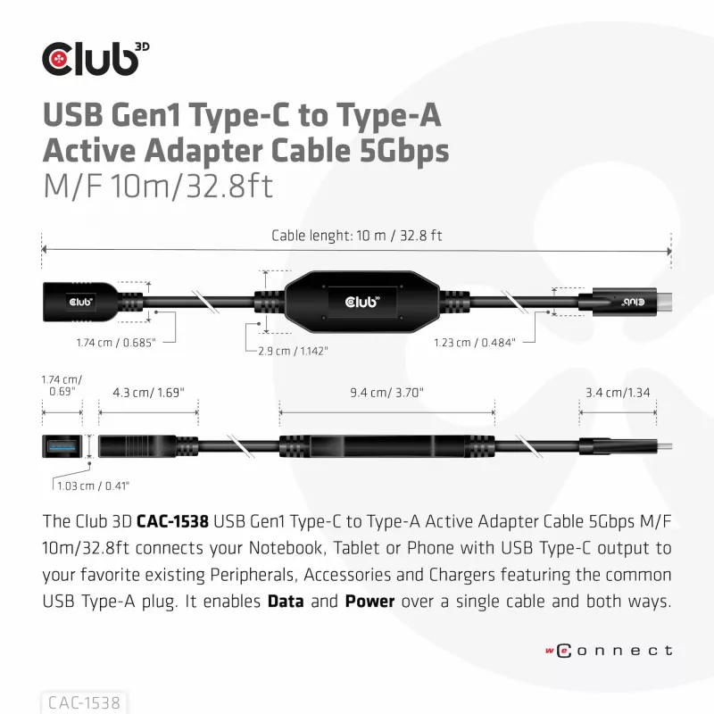 Club 3D CAC-1538 USB-C į USB-A aktyvus kabelis, USB 3.2 Gen1 5 Gbps, kištukas/lizdas, 10 m, juodos spalvos