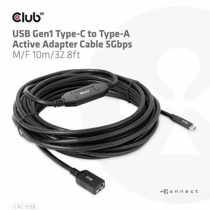 Club 3D CAC-1538 USB-C į USB-A aktyvus kabelis, USB 3.2 Gen1 5 Gbps, kištukas/lizdas, 10 m, juodos spalvos