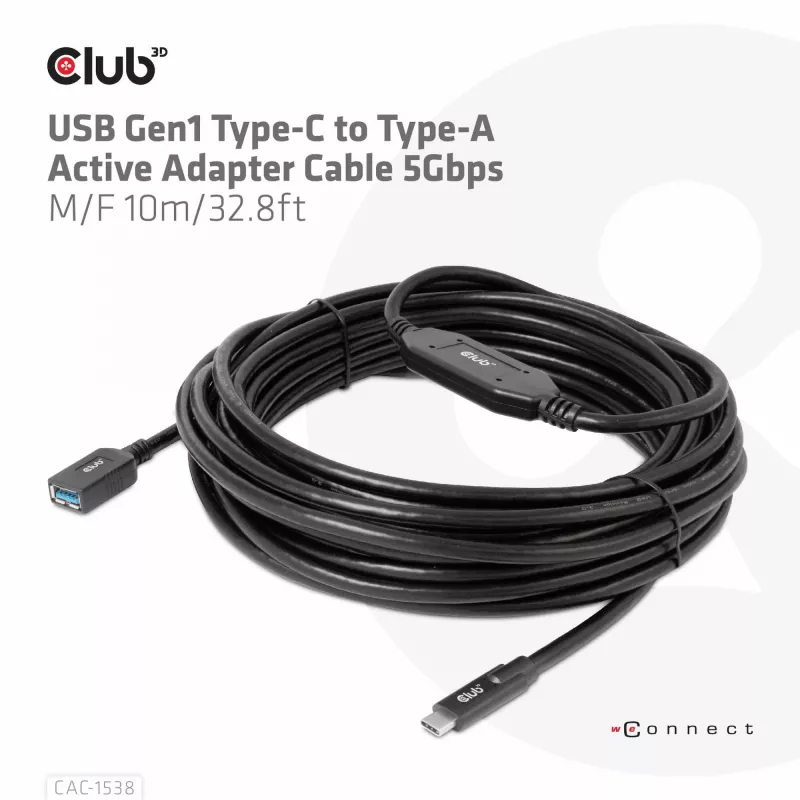 Club 3D CAC-1538 USB-C į USB-A aktyvus kabelis, USB 3.2 Gen1 5 Gbps, kištukas/lizdas, 10 m, juodos spalvos