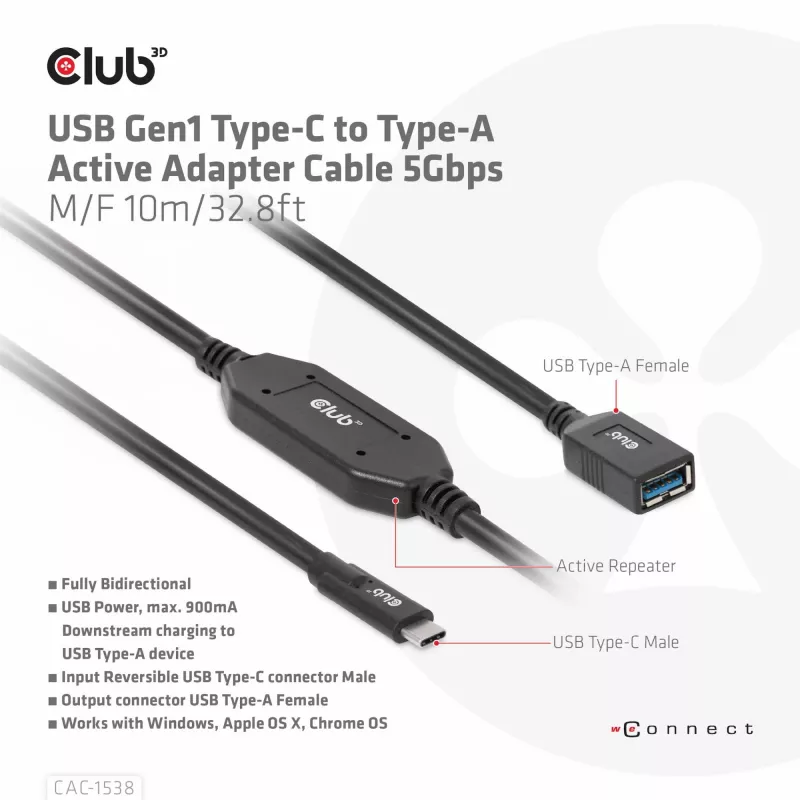 Club 3D CAC-1538 USB-C į USB-A aktyvus kabelis, USB 3.2 Gen1 5 Gbps, kištukas/lizdas, 10 m, juodos spalvos