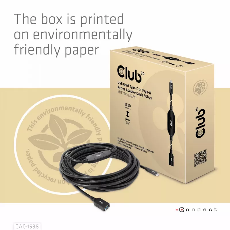Club 3D CAC-1538 USB-C į USB-A aktyvus kabelis, USB 3.2 Gen1 5 Gbps, kištukas/lizdas, 10 m, juodos spalvos