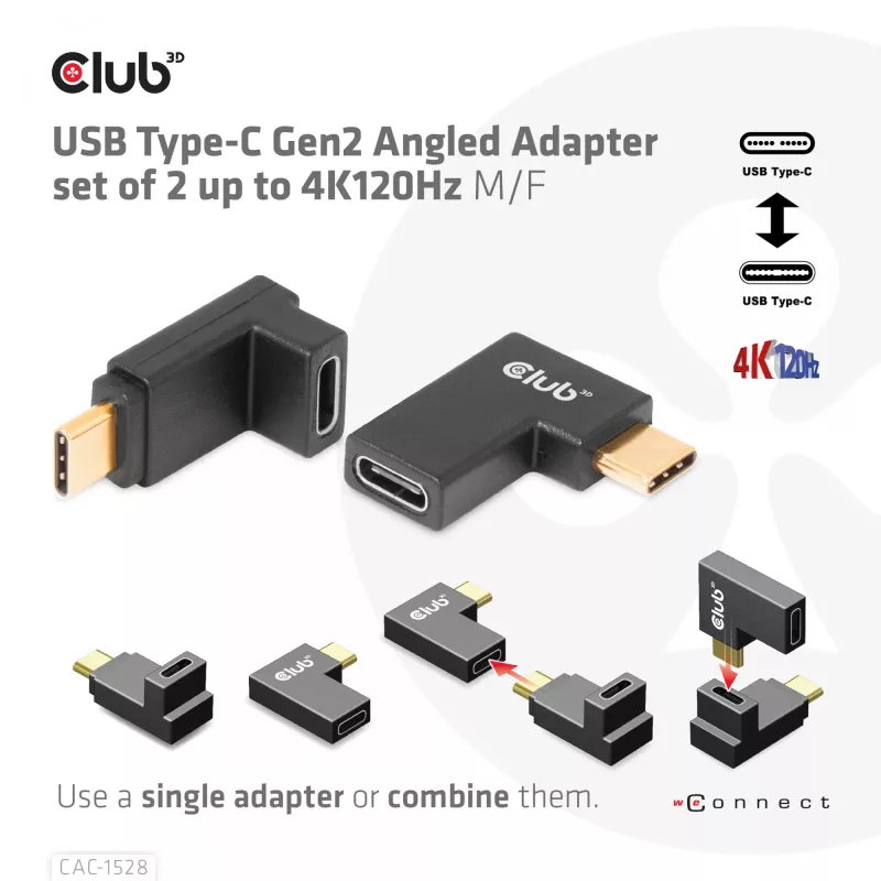 USB-C Gen2 kampinis adapterių rinkinys 2 vnt. CLUB3D CAC-1528 – USB-C į USB-C, palaiko 4K@120Hz