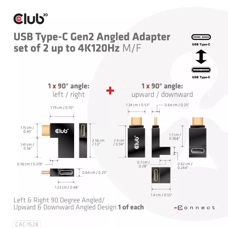 USB-C Gen2 kampinis adapterių rinkinys 2 vnt. CLUB3D CAC-1528 – USB-C į USB-C, palaiko 4K@120Hz
