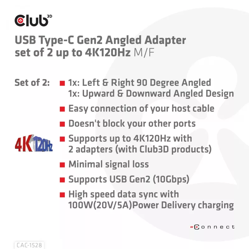 USB-C Gen2 kampinis adapterių rinkinys 2 vnt. CLUB3D CAC-1528 – USB-C į USB-C, palaiko 4K@120Hz