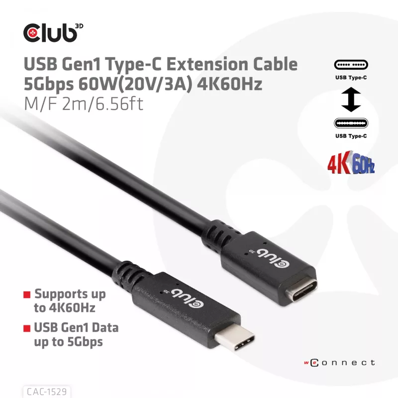CLUB3D USB Gen1 tipo C ilginimo kabelis 5Gbps 60W(20V/3A) 4K60Hz M/F 2m