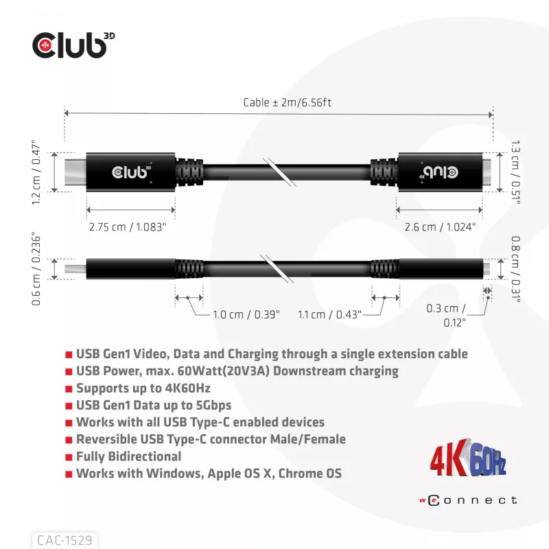 CLUB3D USB Gen1 tipo C ilginimo kabelis 5Gbps 60W(20V/3A) 4K60Hz M/F 2m