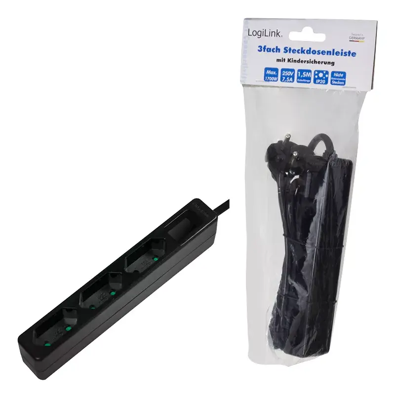 Prailginimo laidas LogiLink LPS229B 1,5 m 3 AC lizdai Vidaus Juodas