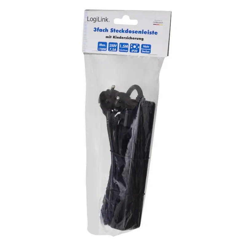 Prailginimo laidas LogiLink LPS229B 1,5 m 3 AC lizdai Vidaus Juodas