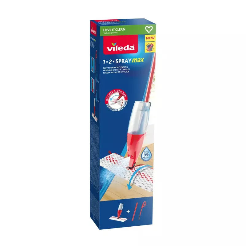 Valymo šluota VILEDA Spray Max Microfibre Dry & Wet, plastikinė galvutė, 0,6 L vandens bakelis, antibakterinė, balta/raudona