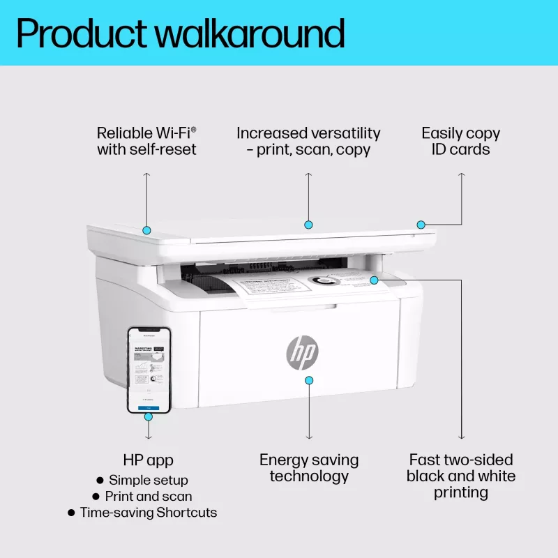 Daugiafunkcinis lazerinis spausdintuvas HP LaserJet MFP M140w — nespalvotas, 20 ppm, 600×600 DPI, A4, Wi‑Fi, Ethernet, baltas