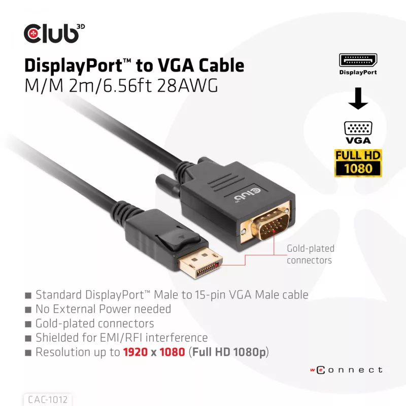 Kabelis DisplayPort į VGA M/M CLUB3D CAC-1012 2m