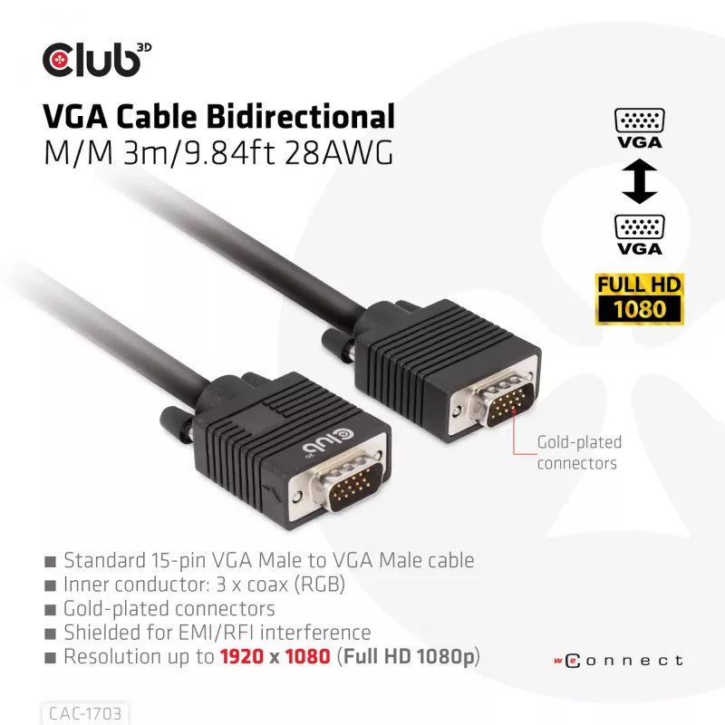 VGA kabelis 3m 28AWG CLUB3D CAC-1703