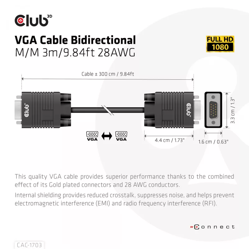 VGA kabelis 3m 28AWG CLUB3D CAC-1703