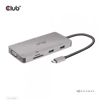 CLUB3D USB Gen1 Type-C 9-in-1 šakotuvas su HDMI, VGA, 2x USB Gen1 Type-A, RJ45, SD/Micro SD kortelių lizdais ir USB Gen1 Type-C moterišku prievadu