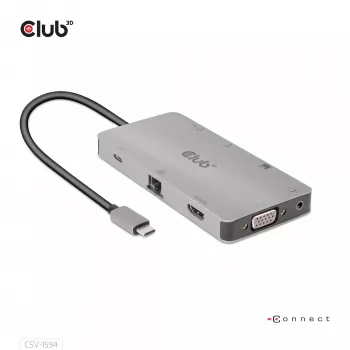 CLUB3D USB Gen1 Type-C 9-in-1 šakotuvas su HDMI, VGA, 2x USB Gen1 Type-A, RJ45, SD/Micro SD kortelių lizdais ir USB Gen1 Type-C moterišku prievadu