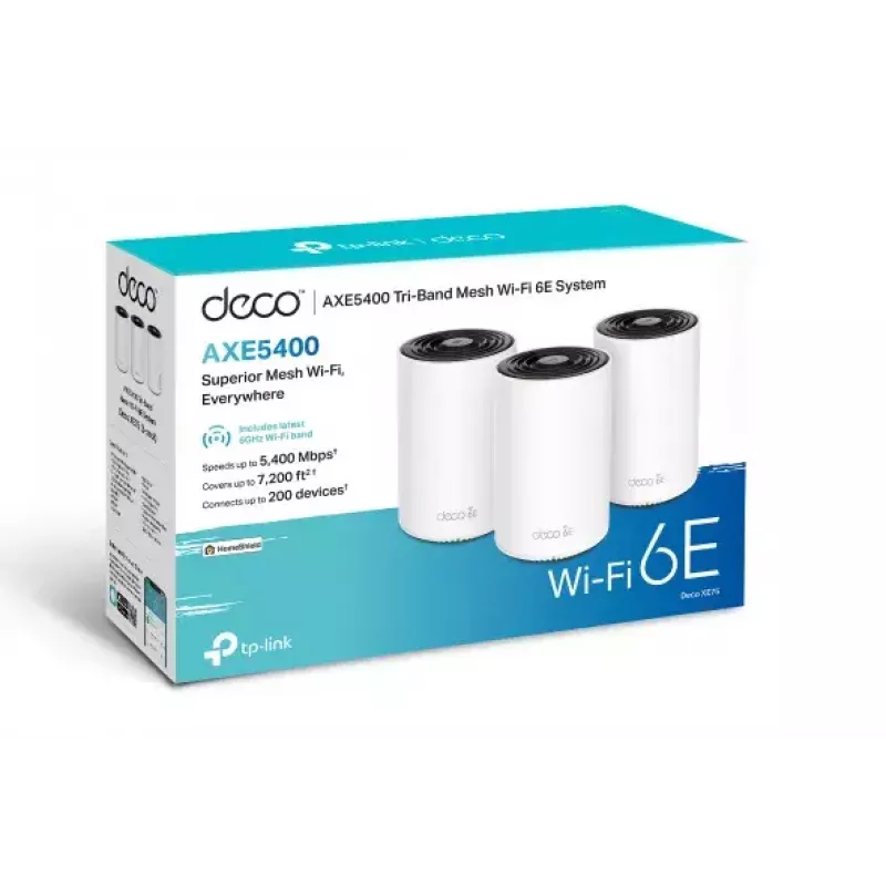 TP-Link Deco XE75 AXE5400 belaidžio tinklo maršrutizatorius, „Wi-Fi 6E“ sistema, trijų juostų 2.4/5/6 GHz, aprėptis iki 670 m², 3× LAN, 4 vidinės antenos