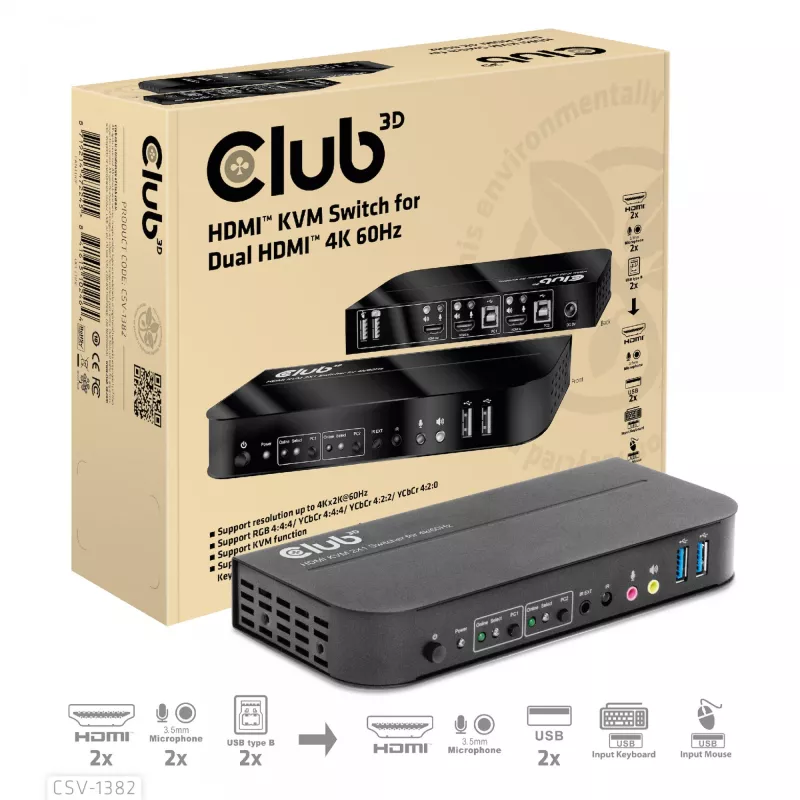 KVM jungiklis CLUB3D CSV-1382 Dual HDMI 4K 60Hz USB