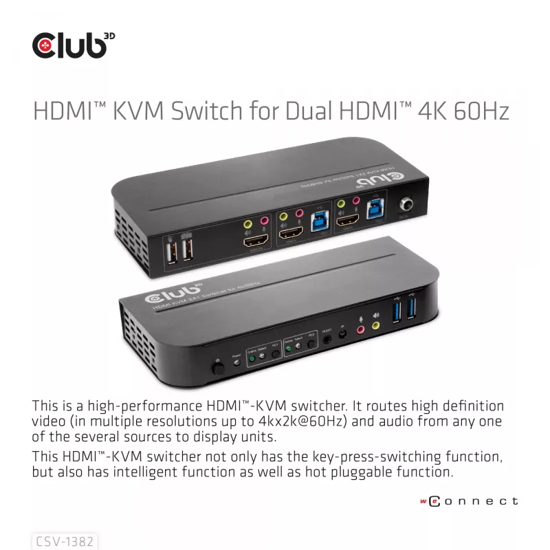 KVM jungiklis CLUB3D CSV-1382 Dual HDMI 4K 60Hz USB