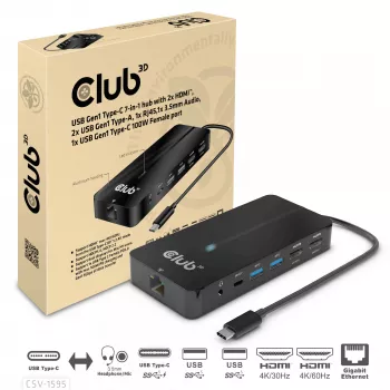 CLUB3D CSV-1595 7-in-1 Type-C stotelė su 2x HDMI, 2x USB Gen1 Type-A, 1x RJ45, 1x 3.5mm garsu, 1x USB Gen1 Type-C 100W PD