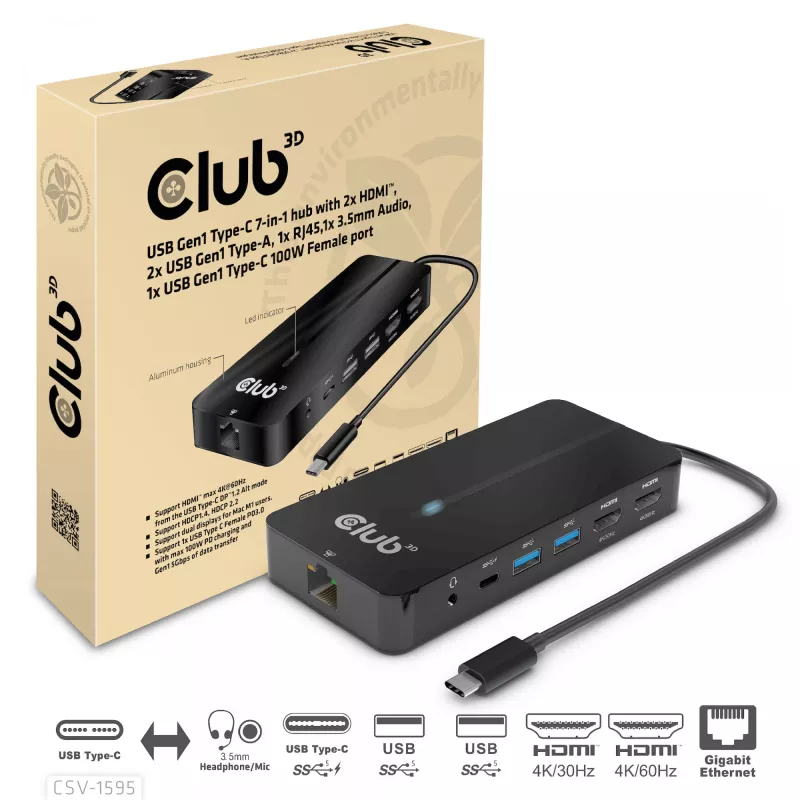 CLUB3D CSV-1595 7-in-1 Type-C stotelė su 2x HDMI, 2x USB Gen1 Type-A, 1x RJ45, 1x 3.5mm garsu, 1x USB Gen1 Type-C 100W PD
