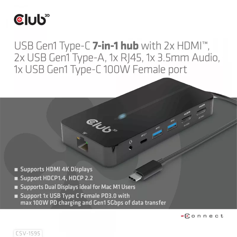 CLUB3D CSV-1595 7-in-1 Type-C stotelė su 2x HDMI, 2x USB Gen1 Type-A, 1x RJ45, 1x 3.5mm garsu, 1x USB Gen1 Type-C 100W PD