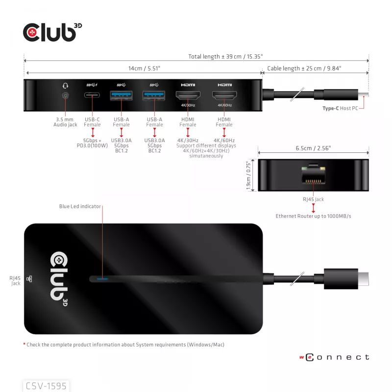 CLUB3D CSV-1595 7-in-1 Type-C stotelė su 2x HDMI, 2x USB Gen1 Type-A, 1x RJ45, 1x 3.5mm garsu, 1x USB Gen1 Type-C 100W PD