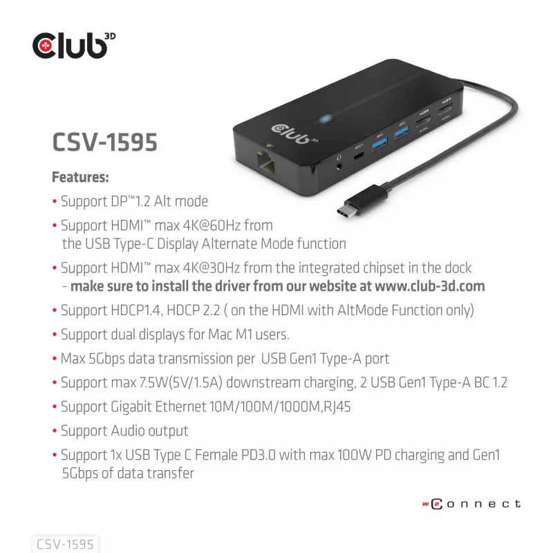 CLUB3D CSV-1595 7-in-1 Type-C stotelė su 2x HDMI, 2x USB Gen1 Type-A, 1x RJ45, 1x 3.5mm garsu, 1x USB Gen1 Type-C 100W PD