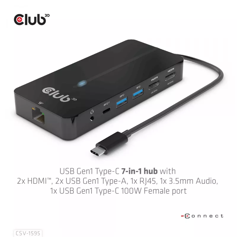 CLUB3D CSV-1595 7-in-1 Type-C stotelė su 2x HDMI, 2x USB Gen1 Type-A, 1x RJ45, 1x 3.5mm garsu, 1x USB Gen1 Type-C 100W PD
