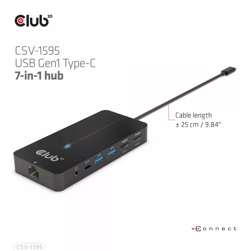 CLUB3D CSV-1595 7-in-1 Type-C stotelė su 2x HDMI, 2x USB Gen1 Type-A, 1x RJ45, 1x 3.5mm garsu, 1x USB Gen1 Type-C 100W PD