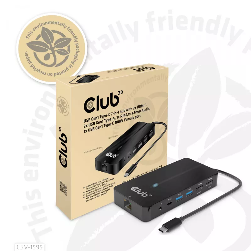 CLUB3D CSV-1595 7-in-1 Type-C stotelė su 2x HDMI, 2x USB Gen1 Type-A, 1x RJ45, 1x 3.5mm garsu, 1x USB Gen1 Type-C 100W PD