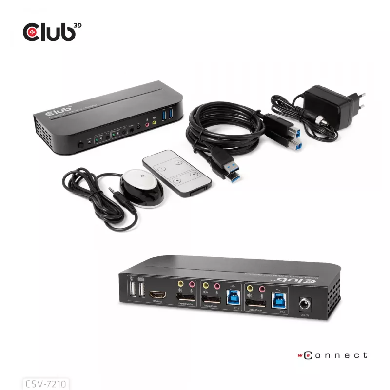 CLUB3D CSV-7210 DisplayPort/HDMI KVM jungiklis dviems kompiuteriams, 4K 60Hz