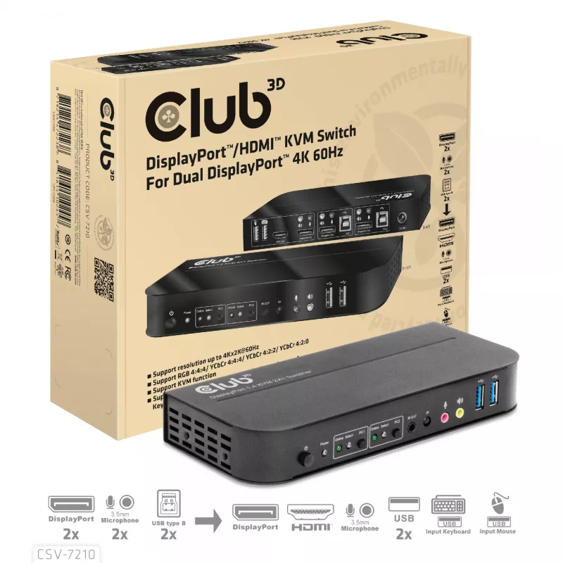 CLUB3D CSV-7210 DisplayPort/HDMI KVM jungiklis dviems kompiuteriams, 4K 60Hz