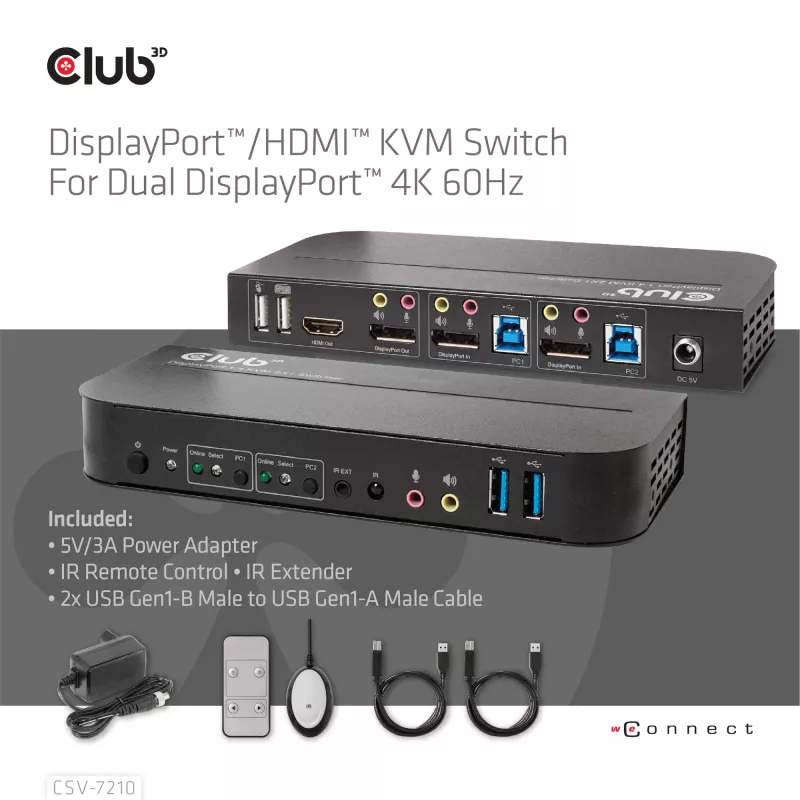 CLUB3D CSV-7210 DisplayPort/HDMI KVM jungiklis dviems kompiuteriams, 4K 60Hz