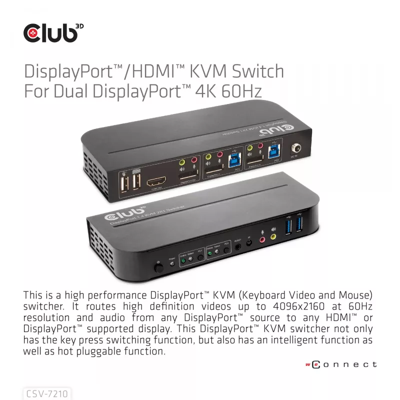 CLUB3D CSV-7210 DisplayPort/HDMI KVM jungiklis dviems kompiuteriams, 4K 60Hz