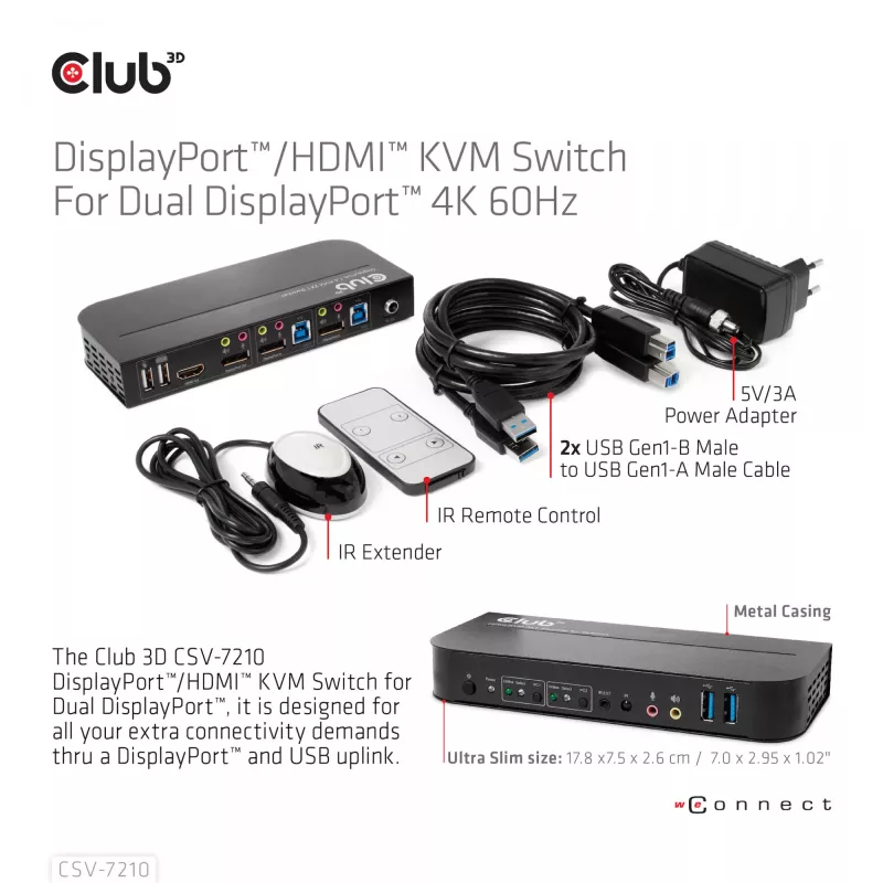 CLUB3D CSV-7210 DisplayPort/HDMI KVM jungiklis dviems kompiuteriams, 4K 60Hz
