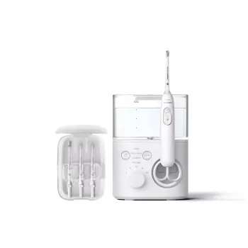 Dantų irigatorius Philips Power Flosser 7000 HX3911/40, baterijomis maitinamas, baltas, universalus kintamosios srovės įkroviklis