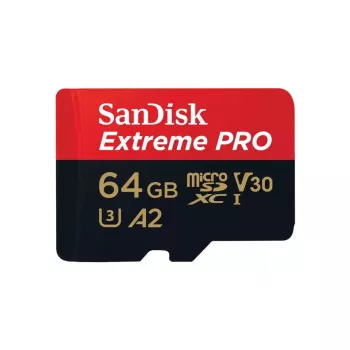 MicroSDXC atminties kortelė SANDISK Extreme PRO 64GB UHS‑I U3 V30 A2, skaitymas 200 MB/s, rašymas 90–140 MB/s, su SD adapteriu