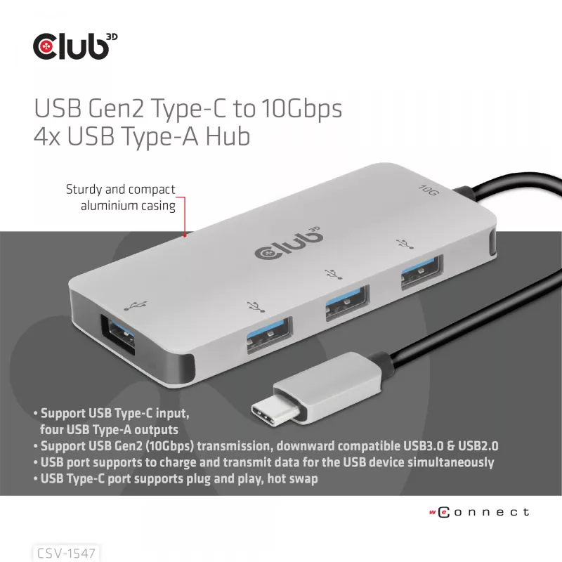 CLUB3D 4 prievadų USB-A šakotuvas USB-C – 10Gbps spartus duomenų perdavimas