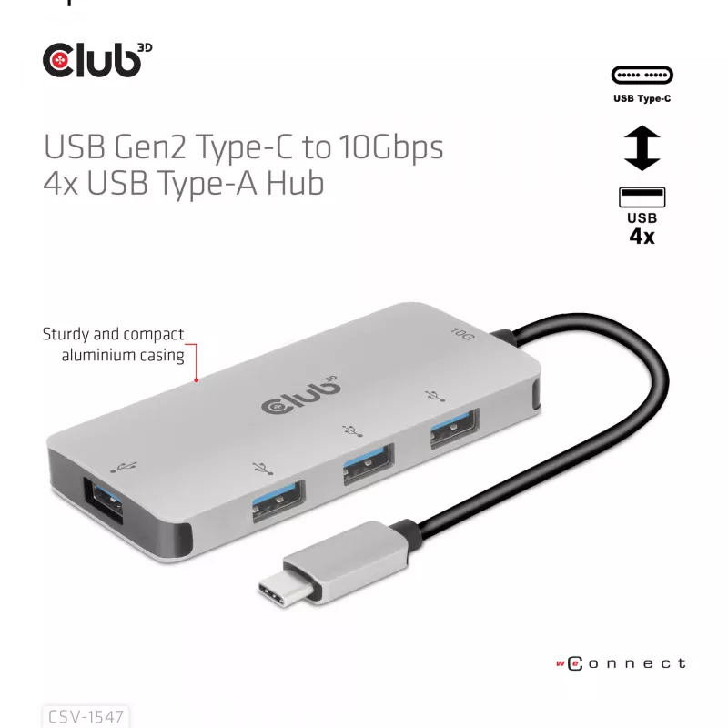 CLUB3D 4 prievadų USB-A šakotuvas USB-C – 10Gbps spartus duomenų perdavimas