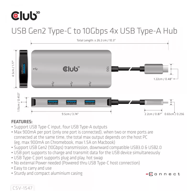 CLUB3D 4 prievadų USB-A šakotuvas USB-C – 10Gbps spartus duomenų perdavimas