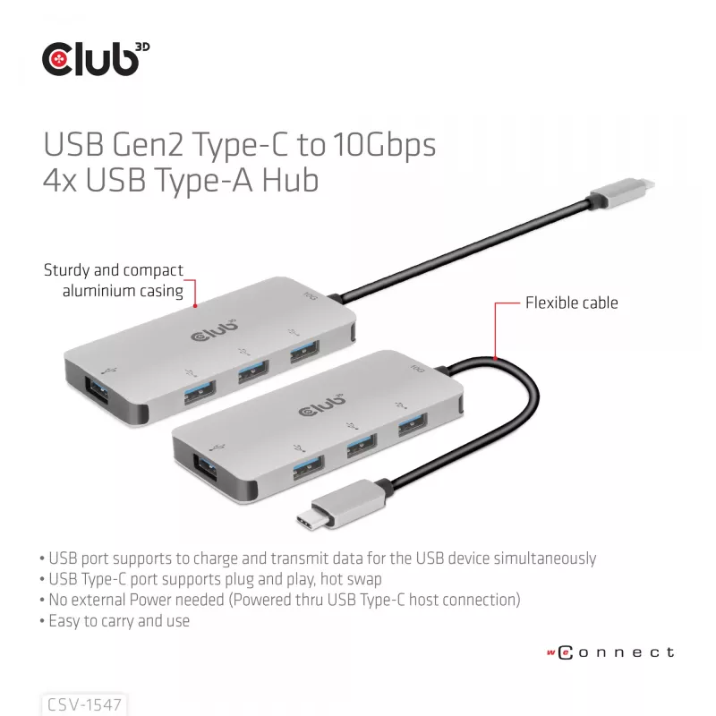 CLUB3D 4 prievadų USB-A šakotuvas USB-C – 10Gbps spartus duomenų perdavimas